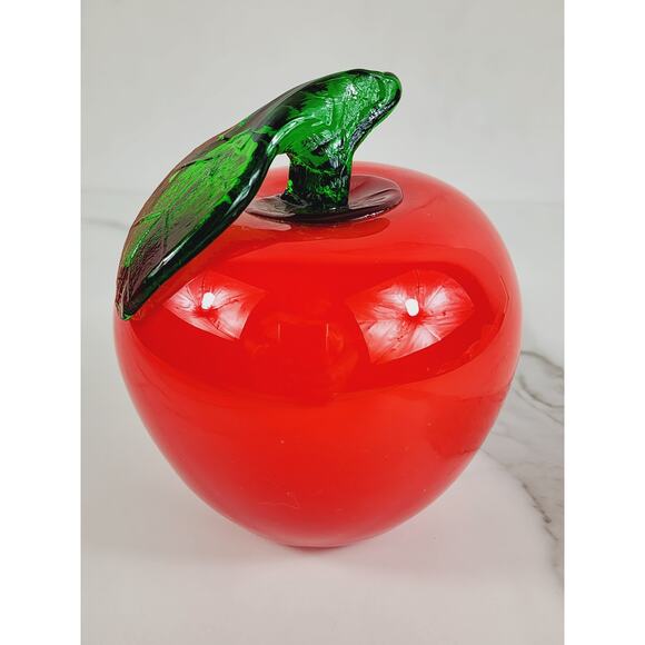Art Glass Hand Blow Red Apple w/ Green Leaf Fruit Vegetable 4" Life Size 90s Vtg - Picture 4 of 14